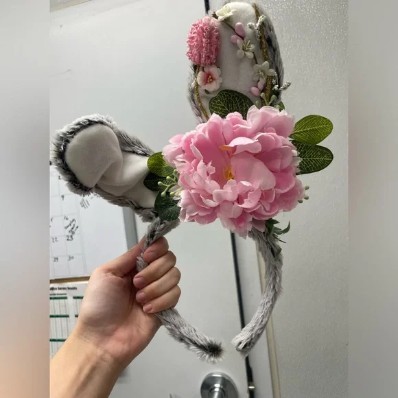 Floral Pink and Gray Easter Ears / Bunny Headband - Picture 1 of 2
